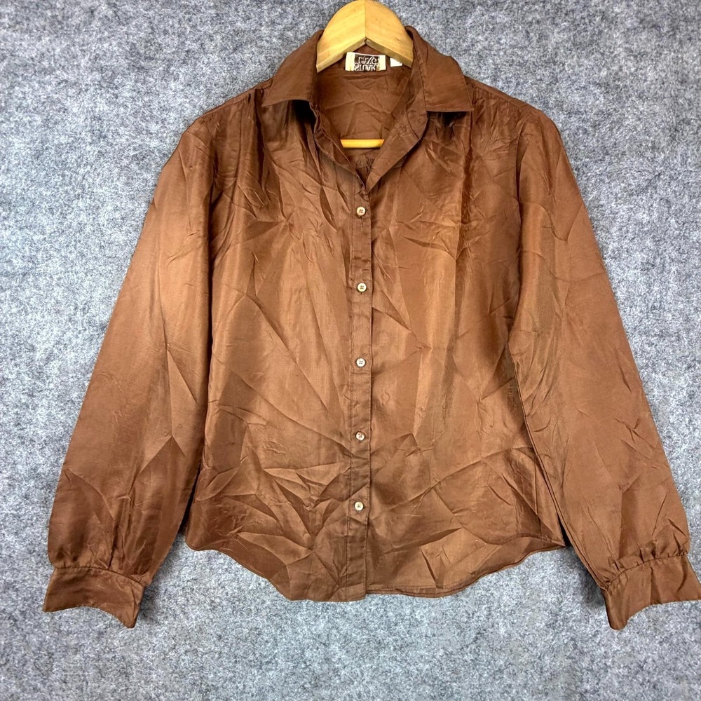 Vintage Stuart Lang Secretary‎ Blouse Womens 7/8 Brown Satin Button Front Retro